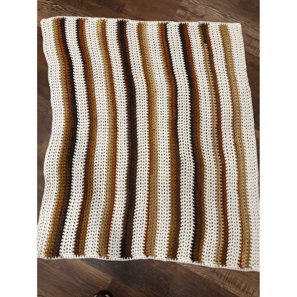 Handmade Crochet Striped Throw Blanket Earth Tones Brown Tan Cream 40x47